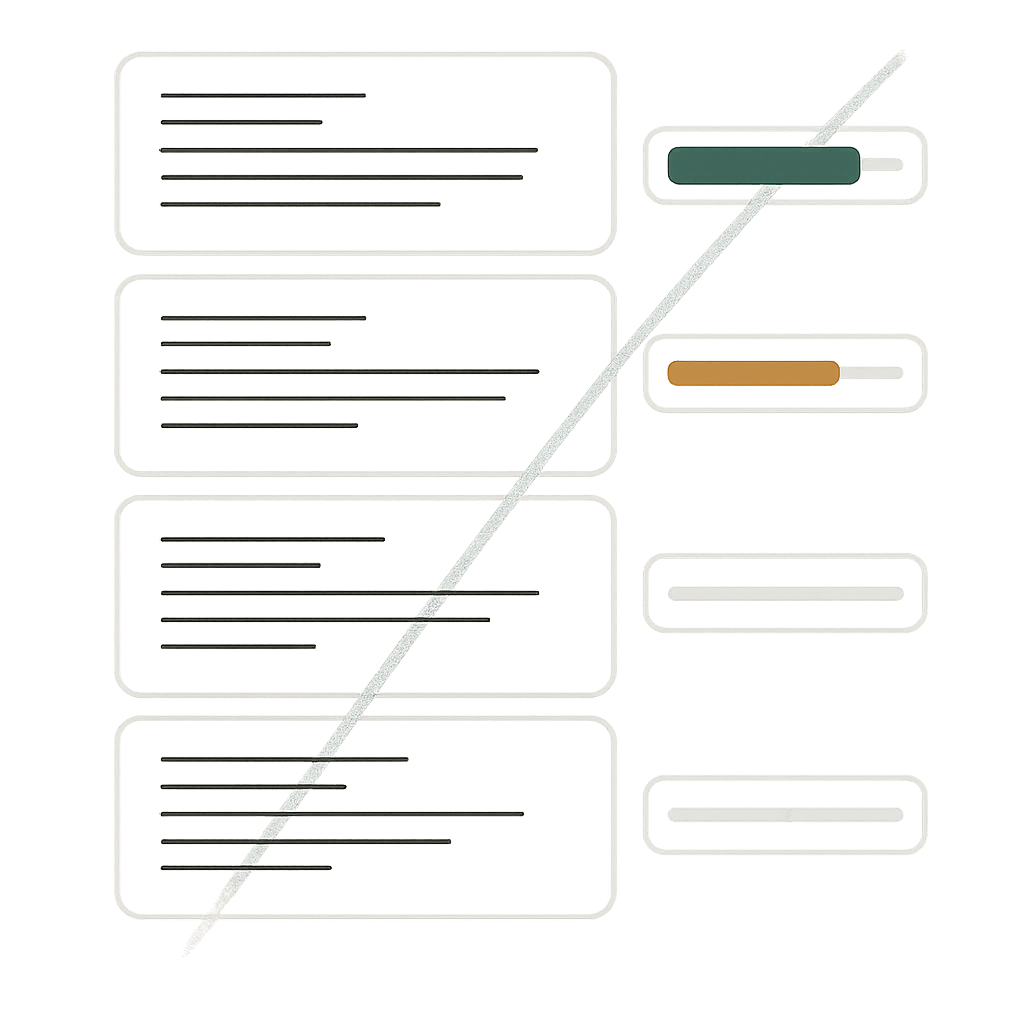 Editorial illustration: five tender document cards stacked vertically, each with a horizontal score bar — top bars in signal-green, lower bars in amber and warm-grey, an AI scan line sweeping diagonally across all cards