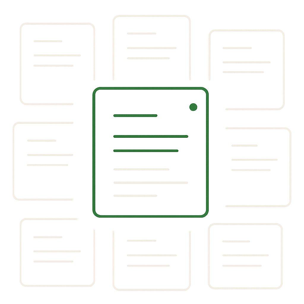 Editorial illustration: a single sharp white document card with a signal-green border glow emerges prominently from faint grey document outlines in the background — the matched tender revealed