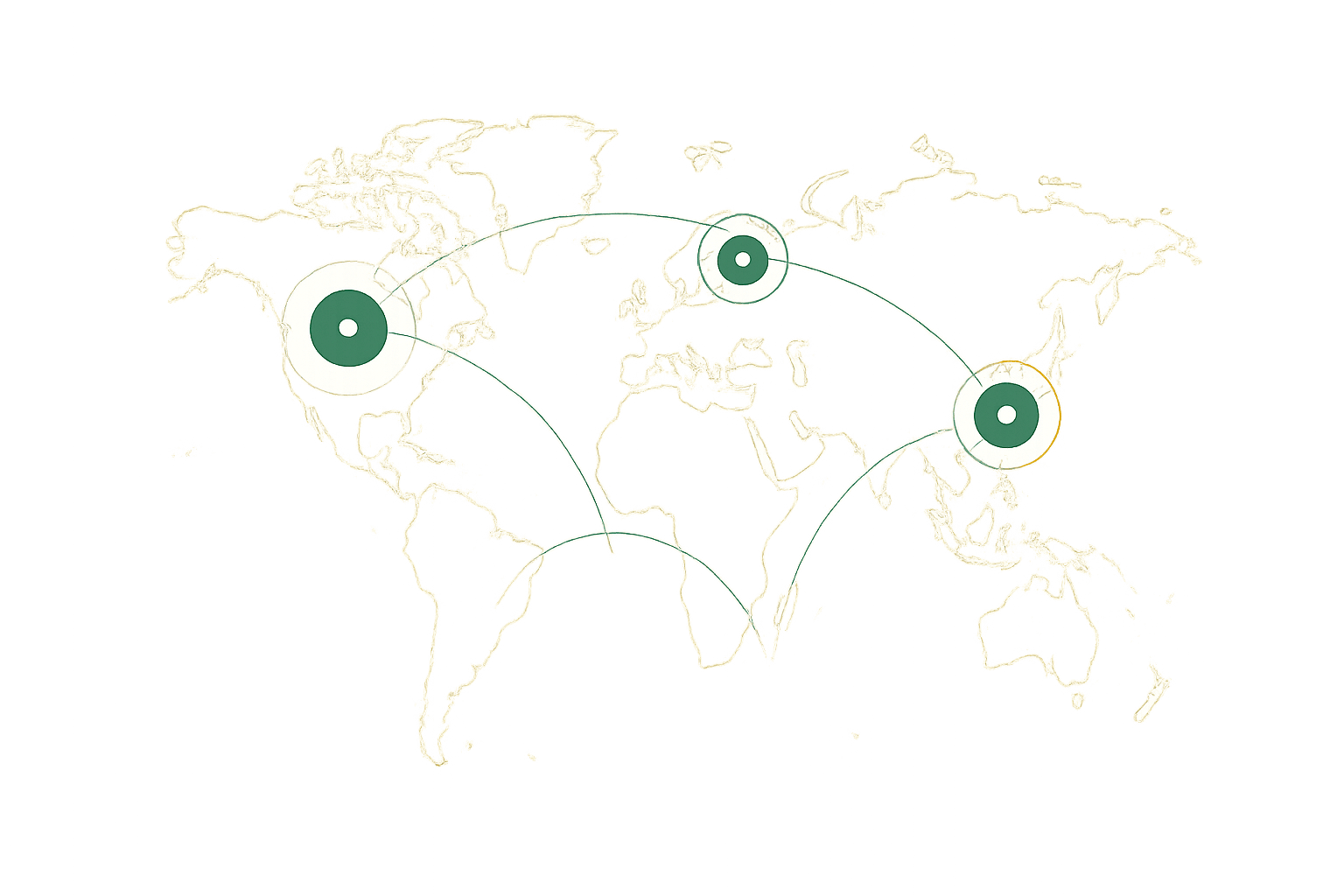 Editorial light map illustration: clean warm-grey continent outlines with signal-green circular nodes over UK, USA, Canada, Australia and Europe, connected by faint arc lines showing cross-jurisdiction data flow