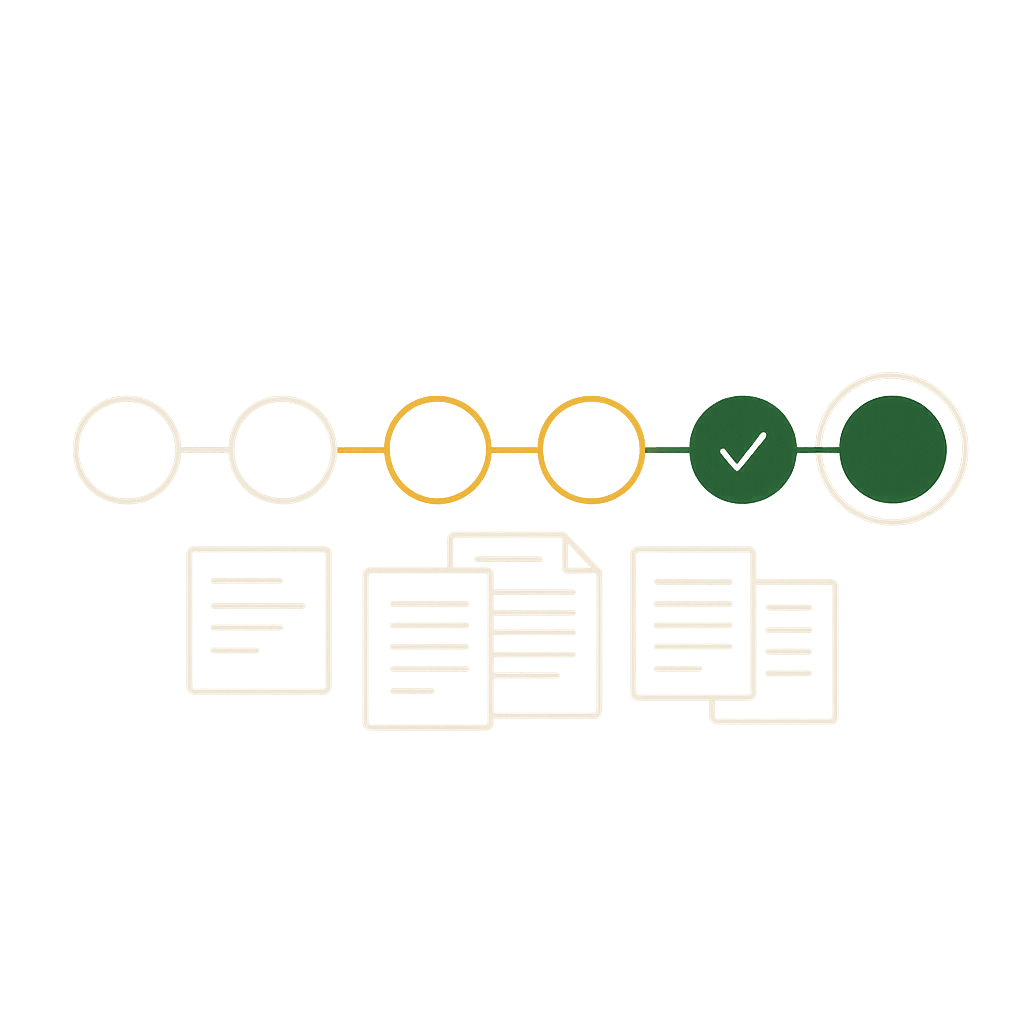 Editorial illustration: a horizontal pipeline of six nodes from grey through amber to signal-green, representing bid preparation stages from start to winning submission, with faint document outlines below